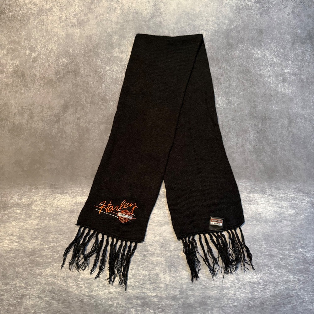 Vintage Harley-Davidson Black Knit Scarf Embroidered Logo Fringe Biker Winter